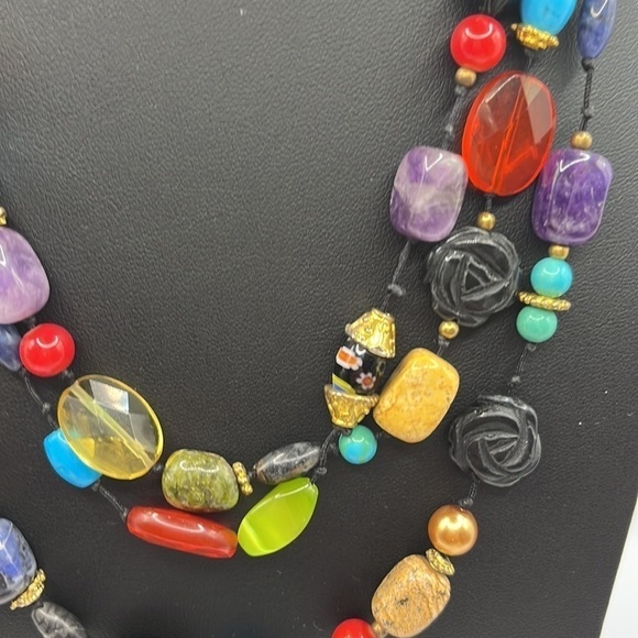 Colorful Beaded knotted Necklace with gold tone spacers - Picture 2 of 10